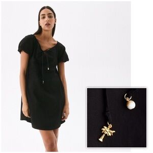 🌴 H&M Drawstring Neck Dress Black Babydoll Dress Bead and Palm Tree Charms XS